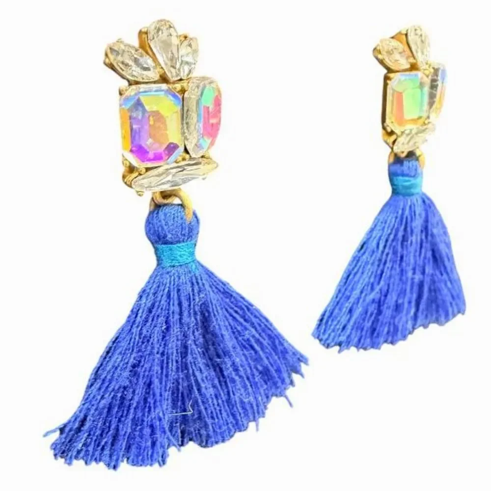 J. Crew Royal Blue Tassel Iridescent Aurora Borealis Crystal Statement Earrings